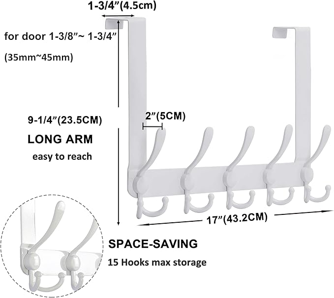 Dseap Over The Door Hook Hanger - Fits 1 3/8" to 1 3/4" Standard Doors | 5 Tri Hooks Heavy Duty Towel/Coat Rack | Door Organizer for Clothes, Jackets, Hats, Towels, Silver
