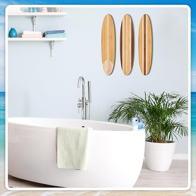 Gerrii 3 Pieces Surfboard Wall Decor 23.6" x 5.4" Preppy Beach Room Decor Aesthetic Large Wooden Cute Beachy Tropical Wall Art for Surfer Bedroom Bathroom Decorations(Log Color,Stripe)