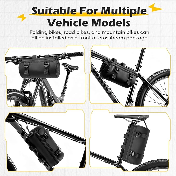 SEAFEW 6L Large Black Bike Handlebar Bag, Waterproof Rain Cover Front Bike Bag for Bicycles, Mountain Road Bike Fram Storage Barrel Bag with Water-resistant Zippers, Cycling Commuter Shoulder Bag