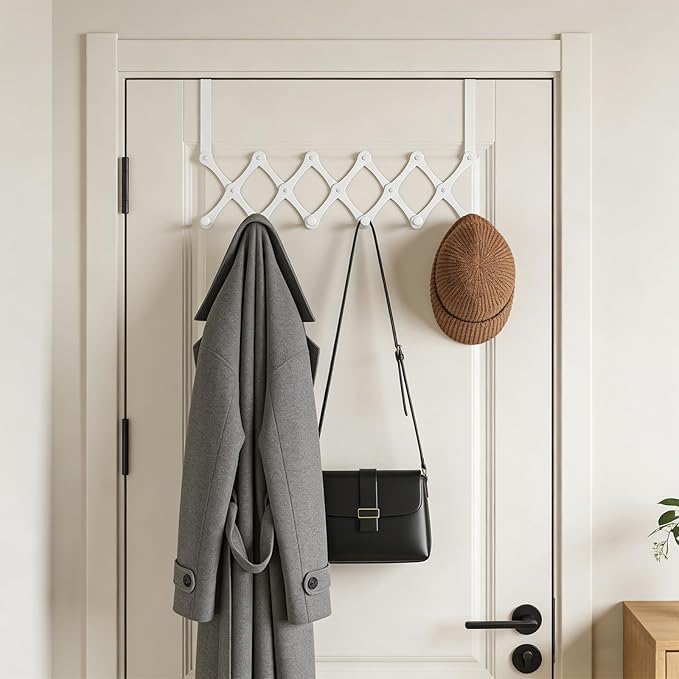 Expands Over The Door Hook Rack, Heavy Duty No Drill Hooks for Bathroom, Bedroom, Kitchen, Closet - Over The Door Hanger for Towels, Robes, Bags, Coats(White)