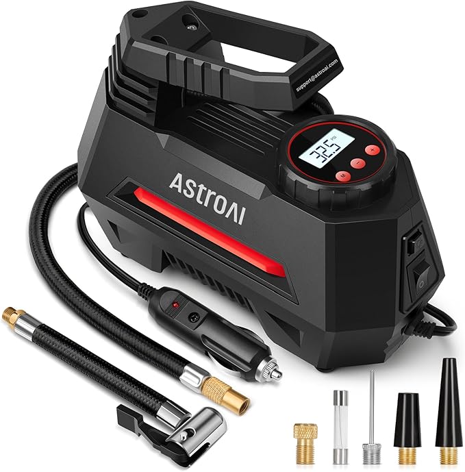 AstroAI AIRUN H Tire Inflator Portable Air Compressor Air Pump for Car Tires - Car Accessories, 9.8Ft Cord-12V DC-Powered Auto Pump with Digital Pressure Gauge, LED Light for Bicycle, Balloons, Red