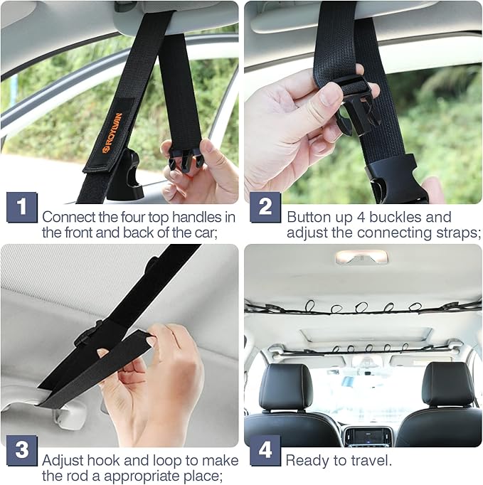 2 Pack Vehicle Fishing Rod Holder - Fishing Pole Car Rack 5 Rods Capacity, Adjustable 30 to 54 Inches Horizontal Roof Storage Carrier Belt for SUV, Truck and Van, Black