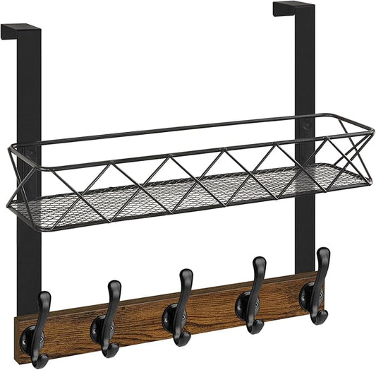 YINMIT Over The Door Hooks Organizer, Over The Door Hanger with Basket, Over The Door Towel Rack with 5 Metal Hooks, Over Door Hanger for Bathroom, Bedroom, Kitchen