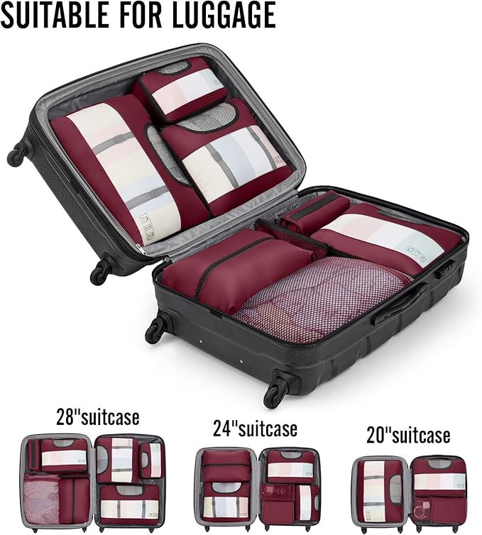 Veken パッキングキューブ10点セット 旅行必需品 スーツケース整理バッグ 4サイズ 機内持ち込み手荷物アクセサリー 大型ランドリー＆吊り下げ式トイレタリーバッグ付き 飛行機、ロードトリップ、キャンプの必需品