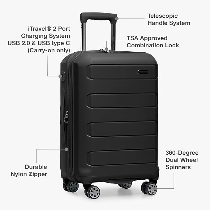 Traveler's Choice パゴサ ハードシェル 拡張可能荷物 スピナーホイール付き, ブラック, 22インチ機内持ち込み