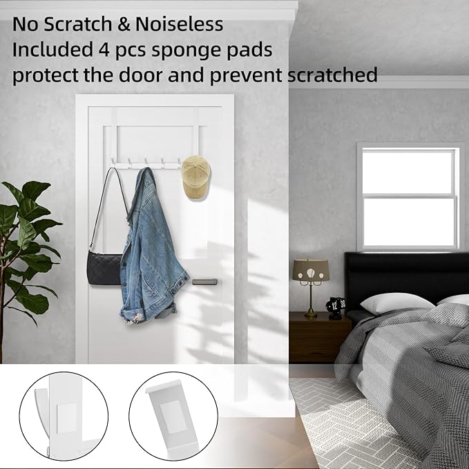 Over Door Hook Rack, White Over The Door Hanger,15 Inch Rail with 6 Hooks, Fits 1.75 Inch Doors（1Pack）