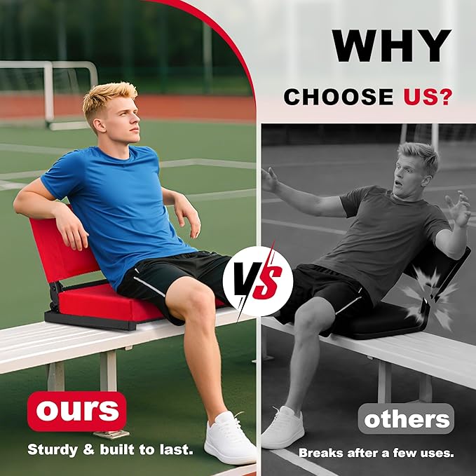 Fragess Bleacher seat, Stadium Seats with Back Support and Thick Cushion, Bleacher Chairs with Shoulder Strap and Side Pocket, Stadium Seat for Bleachers, Perfect for Sports Events(RED)