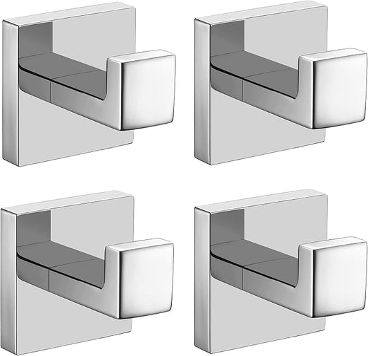 Nolimas Towel Hook Stainless Steel Bathroom Rustproof Clothes Towel Coat Hook Wall Mounted Square Toilet Kitchen, Heavy Duty Door Hanger, 4 Pack, Chrome Polished