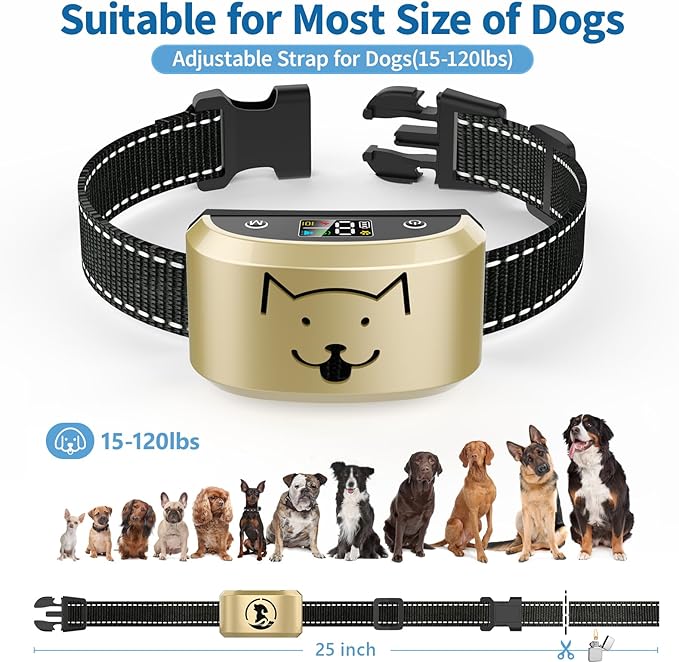 Dog Bark Collar for Large Medium Small Dogs, Automatic Vibrating Anti Barking Device with 8 Sensitivity & Training Mode, Rechargeable and Waterproof Stop Bark Collar for Dog 15-120lbs, Gold