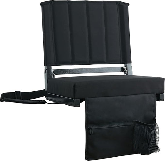 SPORT BEATS Stadium Seats with Back Support Bleacher Chairs with Back and Cushion Thick Padded Bleacher Seats Includes Shoulder Strap Black 1pc Large