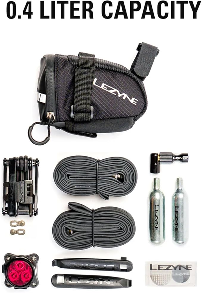 LEZYNE Caddy Bike Saddle Bag - Durable Nylon Cycling Storage Bag with Velcro/Quick Release Mount, Reflective Accents, Water-Resistant Zipper for Road Bikes & Commuters