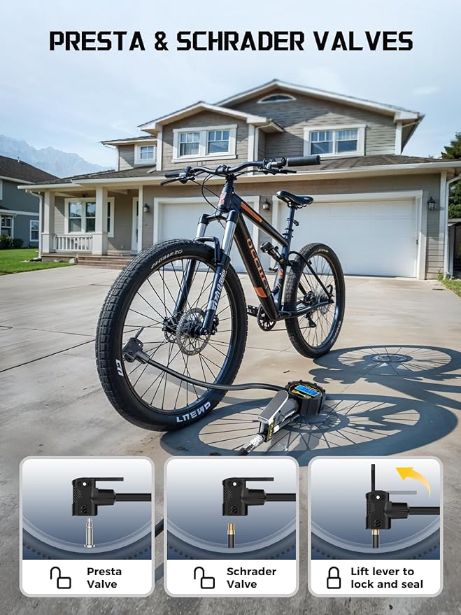 AZUNO Presta Valve Adaptor with Pressure Gauge, 200psi Dual-Port Schrader & Presta Valve Pump, Bike Tire Inflator for Air Compressor, Can Check, Inflate, Deflate for Bicycles, Motorcycles, Cars