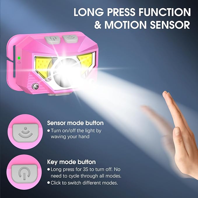 LHKNL ヘッドランプ フラッシュライト 高ルーメン高輝度LED充電式ヘッドライト 白色赤色ライト付き 2個パック 防水モーションセンサーヘッドランプ 8モード キャンプ ランニング ハイキング 釣り用具 - ピンク