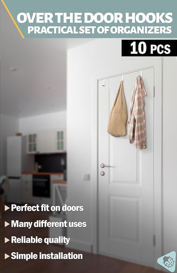 Menz Set of 10 Over The Door Hooks - White Coat Hanger, 2-Sided Towel Holder fits 1 3/8" & 1 3/4" - Hooks for Hanging with Anti-Scratch Felt Pads, Wreath Hanger with Removable Sticky Non-Slip Dots