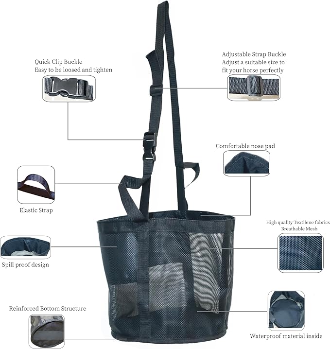 Horse Feed Bag for Grain, Small, Heavy Duty Durable Mesh Horse Feeder with Adjustable Strap, Comfortable Neck, Reinforced Waterproof Bottom Horse Muzzle Feed Bag