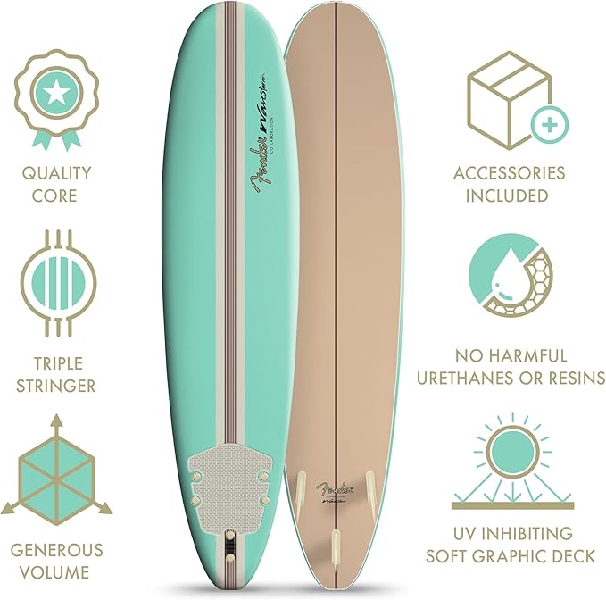 Fender x Wavestorm Collaboration 8ft Surfboard | Graphic top Deck with high Density Slick Bottom | for Kids and Adults | Foam Construction with Accessories | Leg Leash and Fin Set Included