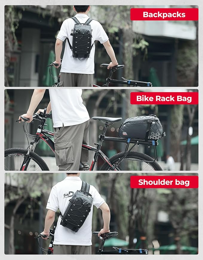 KEMIMOTO Rear Bike Rack Bag, 11L Water-resistant Trunk Bag 3-IN-1, Zippered Bicycle Backpack Shoulder Pannier Saddle Bag for Ebikes Cycling Commuting Travel Outdoor Camping