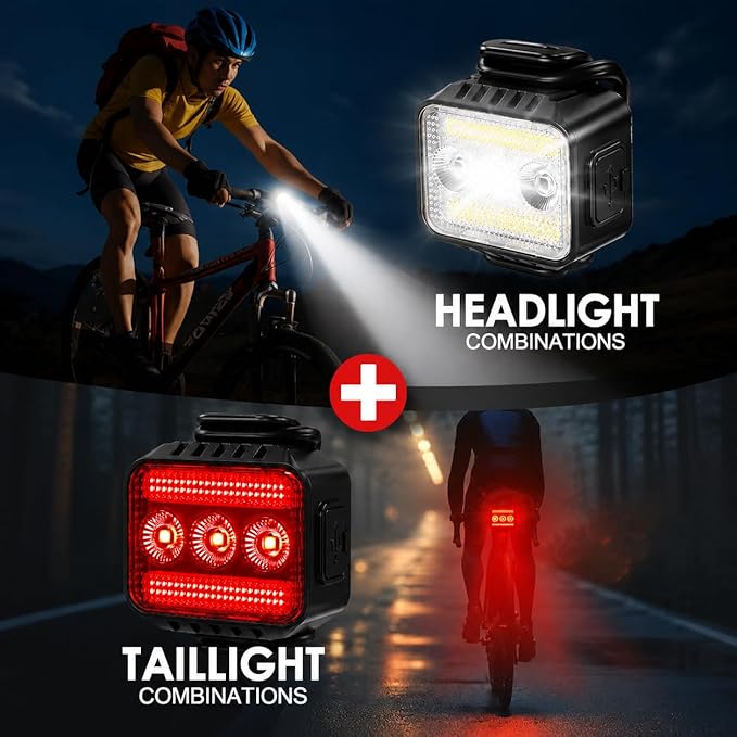 Bright Bike Lights Set for Night Riding, 9+9 Modes Rechargeable eBike Lights Front and Back, Waterproof Bicycle Lights, Bike Headlight and Tail Light Set for MTB, Off-Road & City Riding