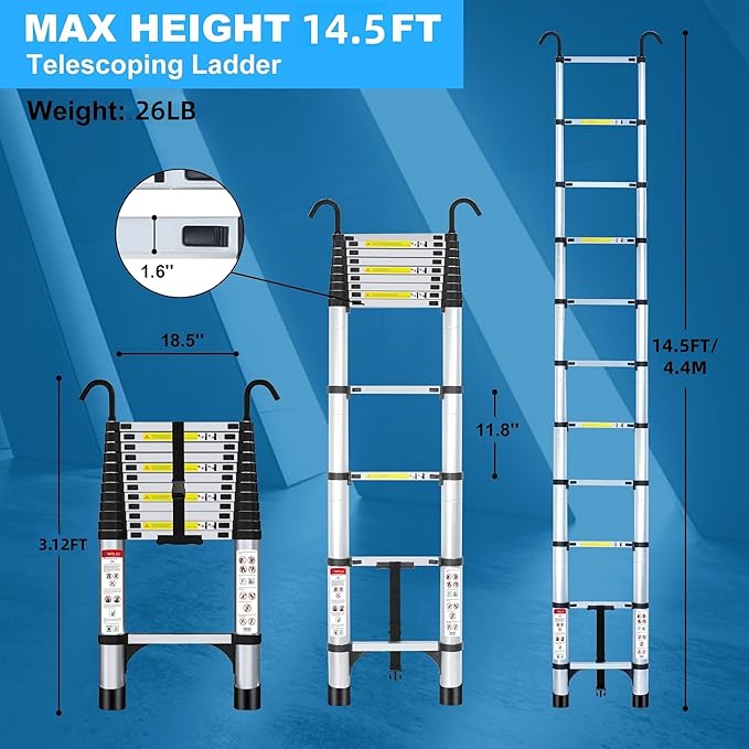 14.5 ft Aluminum Telescoping Ladder, 330 lb Load, Hooks, Portable Collapsible Ladder for Home & Work,Silver