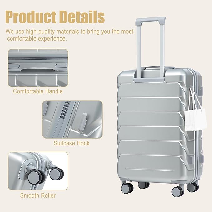 28 Inch ABS Hard Shell Large Luggage With Combination Lock and Side Hooks, Sliver