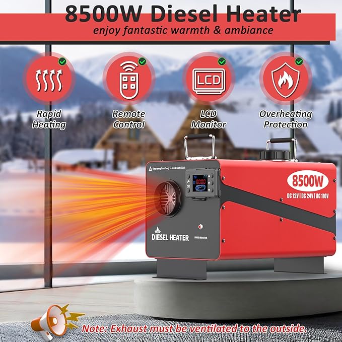 8500W Diesel Heater, All-in-One 12V/24V/110V Portable Parking Heater with Remote Control & LCD Monitor for Truck, RV, Camper, Boat, Garage, Fast Heating, Low Noise