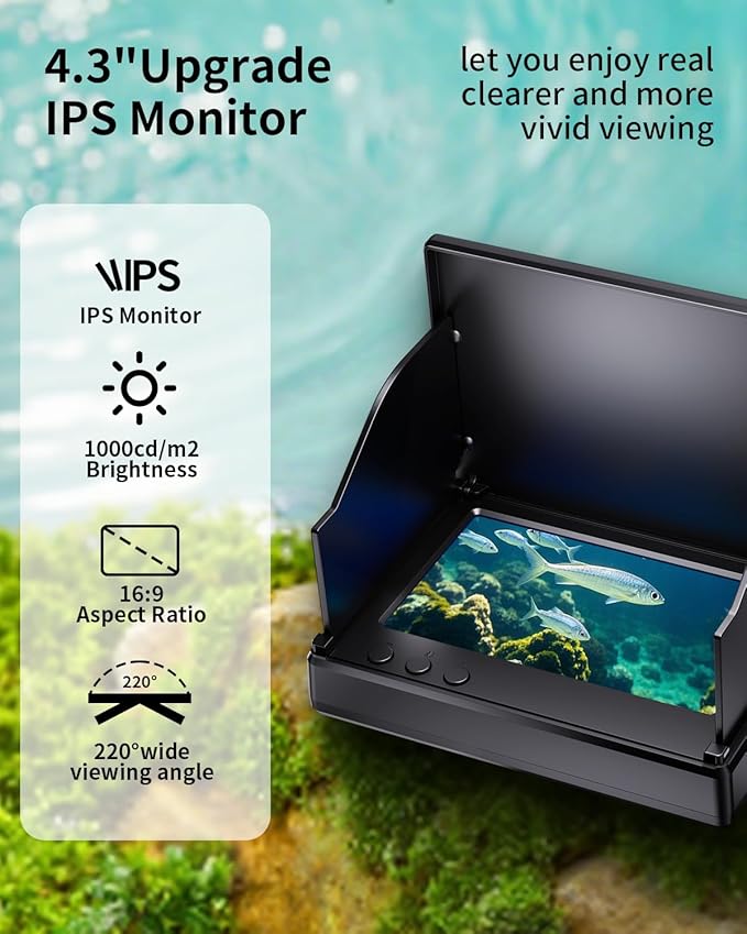 Fishing Camera with Infrared Night Vision Light,220° Wide Angle Monitoring of Fish，Portable Fish Finder with 100ft Cable, 4.3 Inch LCD and Upgraded HD Lens for Ice Lake Boat Kayak Fishing