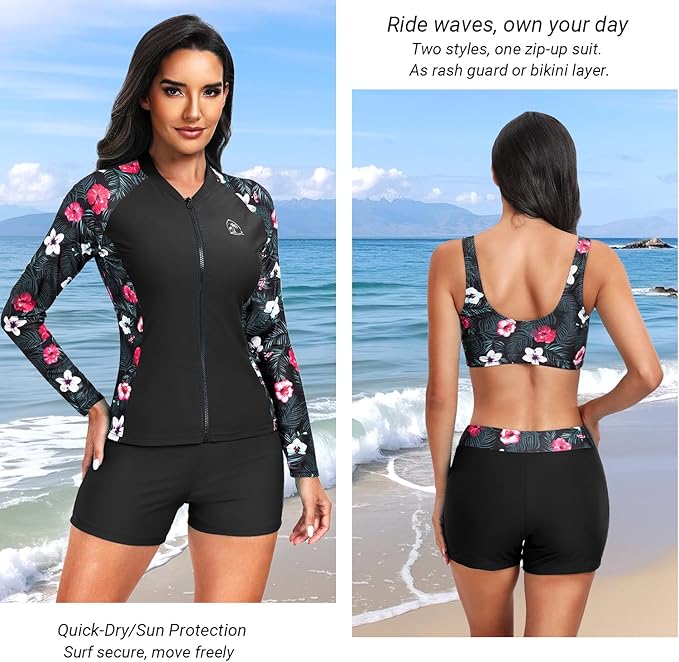 Holipick Long Sleeve Swimsuits for Women - 3 Piece Rash Guard with Shorts Zipper SPF Swim Shirt with Built in Bra