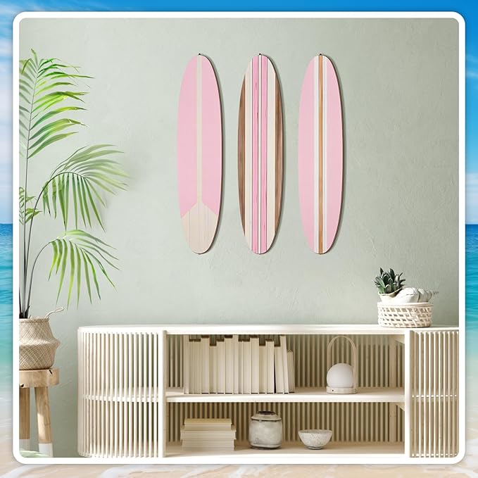 Gerrii 3 Pieces Surfboard Wall Decor 23.6" x 5.4" Preppy Beach Room Decor Aesthetic Large Wooden Cute Beachy Tropical Wall Art for Surfer Bedroom Bathroom Decorations(Pink,Stripe)