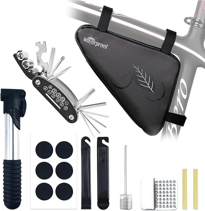 NDakter Bike Bag:Bike Frame Bag & Bicycle Repair Kit, 2L Waterproof Storage Pouch with 16-in-1 Multi-tool, Portable Bike Tool Set for Flat Tire Repair, Cycling Accessories for Mountain Road Bike, MTB
