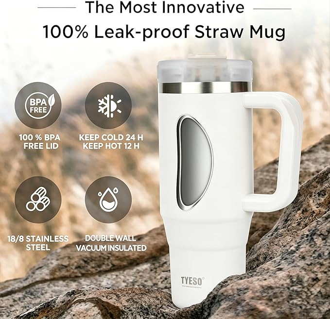 TYESO Vacuum Insulated Tumbler Water Bottle Cold Insulation Stainless Steel Bottle Straw Handle Mug Double Wall Wide Mouth (White, 40 oz)