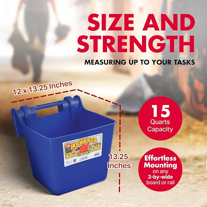 Little Giant® Plastic Hook Over Feeder | Mountable Livestock & Pet Feed Bucket | Horse Feed Bucket | Made in USA | 15 Quarts | Blue