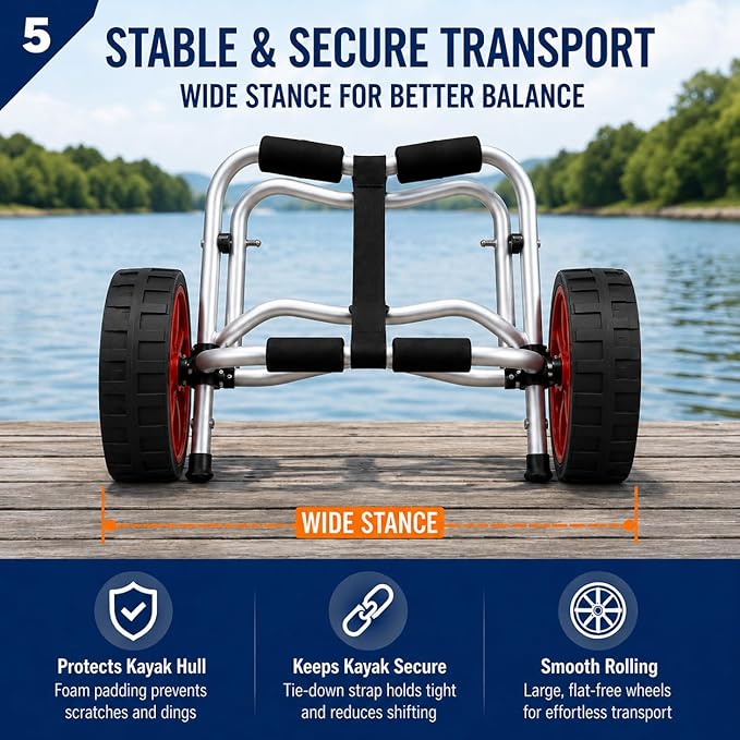 Kayak Cart with 10" Flat-Free 4-Inch Wide Wheels, 230 lb Heavy Duty Kayak Dolly Carrier, Foldable Aluminum Canoe Trolley with Tie Down Strap, Padded Bunk Support for Kayaks Canoes Paddle Boards