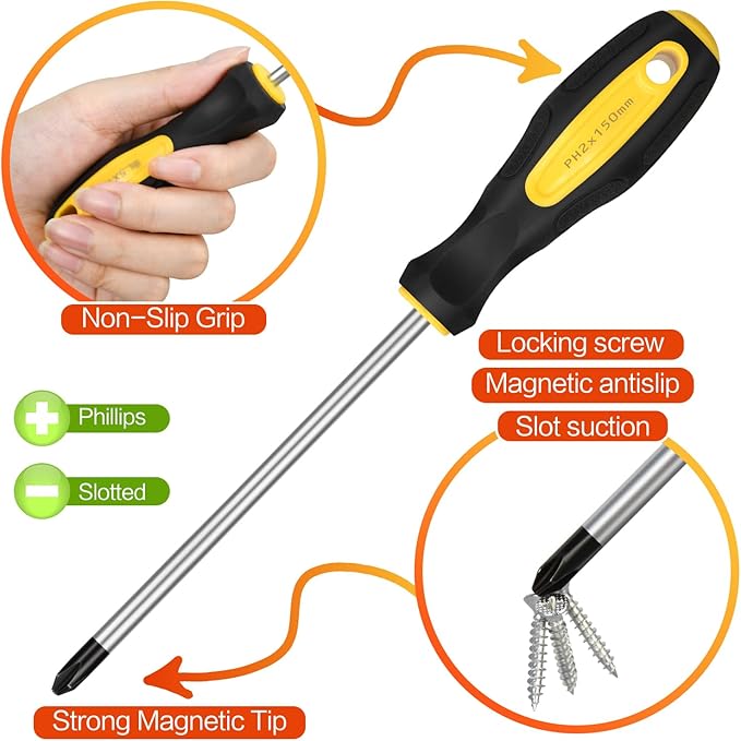 9pcs Magnetic Screwdrivers Set, Including 12in Phillips and Slotted Screwdrivers, with Non-Slip Cushioned Handle Grip