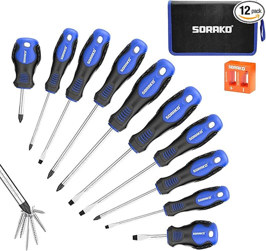 SORAKO 12 Piece Magnetic Screwdriver Set 5 Phillips and 5 Flat 1 Magnetising Tool 1 Storage Bag Professional Cushion Grip Hand Tools Set for Fastening and Loosening Seized