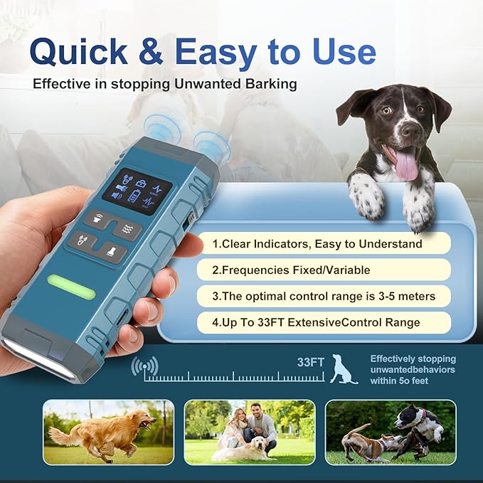 Dog Bark Deterrent Device,Anti Barking Device for Dogs, Ultrasound Dog Bark Deterrent,Best Anti-Barking Device, 4 Modes & LED Light & LCD Screen Portable Indoor & Outdoor（Blue）