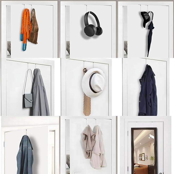 Over The Door Hooks, 8 Pack Steel Door Hangers Hook w/Rubber Coating, Fit 0.7''-1.4'' Door Width, Organizer for Living Room, Bedroom, Bathroom, Kitchen Hanging Clothes, Towels, Hat, Bag