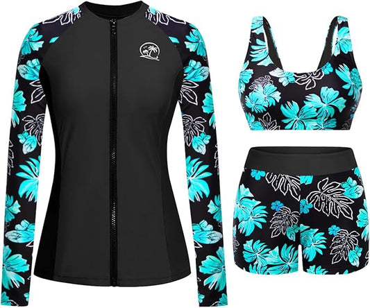 Holipick レディース長袖水着 - 3ピースラッシュガード ショートパンツ付き ジッパー付きSPFスイムシャツ ブラ内蔵