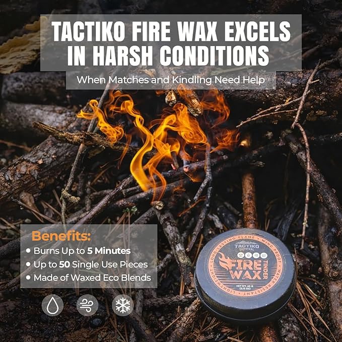 Tactiko 6-in-1 All-Weather Survival Fire Starter Kit - Complete Emergency Set with Ferro Rod, Striker, Fire Wax, 4 Waxed Wood Starters, Waterproof Matches, Collapsible Blower & Zippered Case