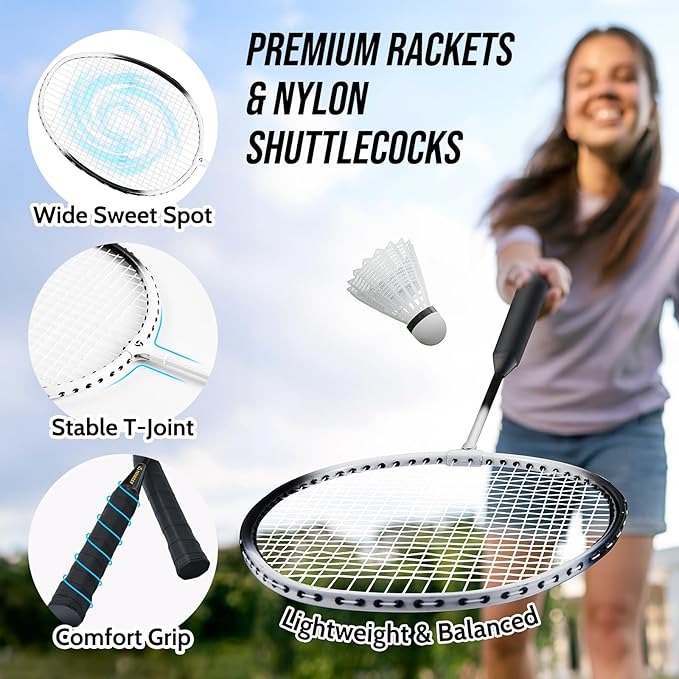 裏庭用バドミントンセット、たるみ防止設計のアウトドアバドミントンネット、プロフェッショナルバドミントンラケット4本、シャトルコック4個、芝生またはビーチ用キャリーバッグ付き
