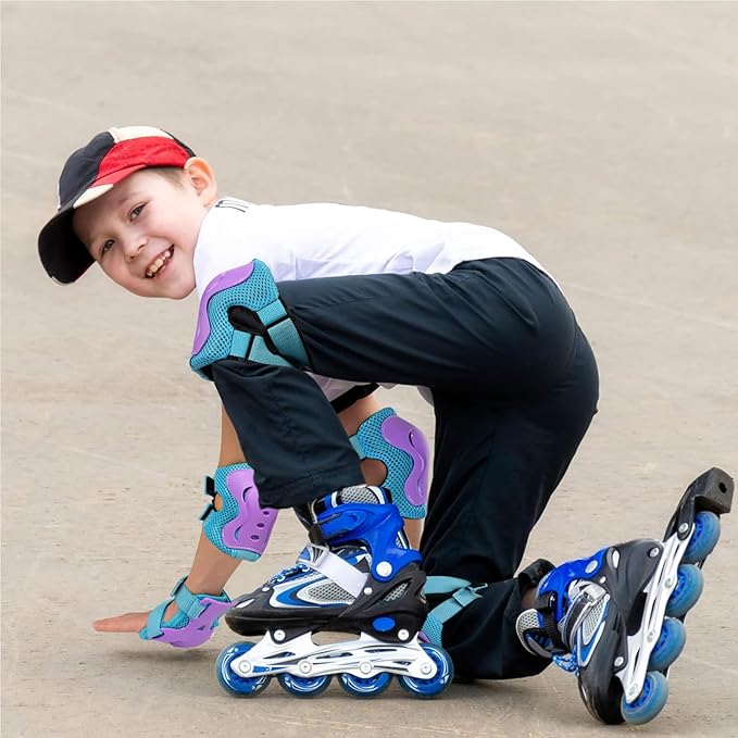 BOSONER Knee Pads for Kids Roller-Skating: Adjustable Protective Gear Set Knee Elbow Pads Wrist Guards for Bike Cycling Skateboarding Scooter Gifts 3-8 / 9-15 Years Boys Girls