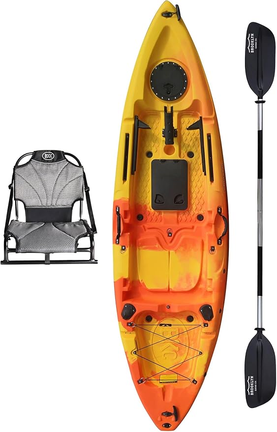 Brooklyn 9.2 Sit-On-Top Single Fishing Kayak by BKC, Lightweight Solo Kayak with Dry Hatches, Rod Holders & Accessory Rails for Lakes & Rivers (Upright Seat or Memory Foam Seat)