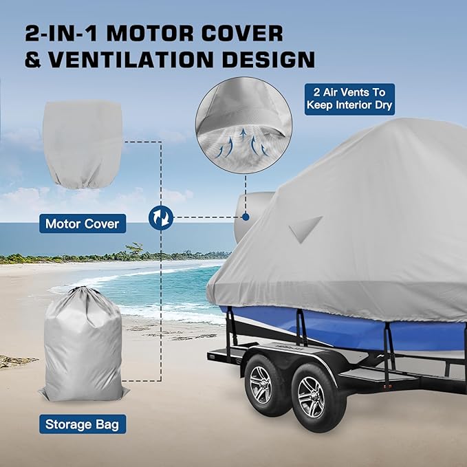 Wake Tower Boat Cover - 900D Marine Heavy Duty Waterproof, Fits 23-25ft V Hull Runabout Ski-Boats, Gray