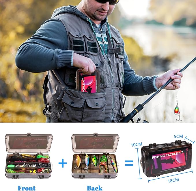 Fishing Lures - Tackle Box with Tackle Included, Fishing Kit with VIBs, Frogs, Minnows, Soft Baits, Hooks & Weights Accessories, Freshwater Lure Kit for Bass Walleye Trout
