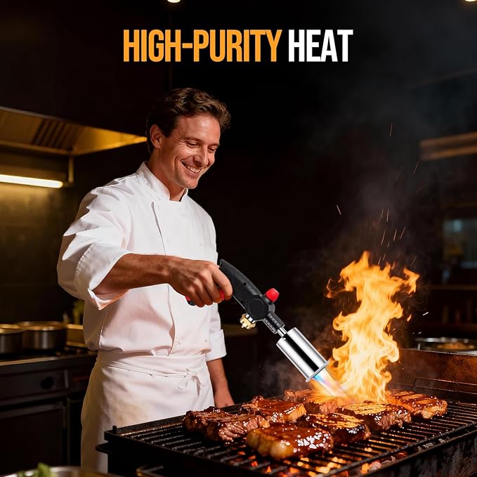 Propane Torch, Adjustable Culinary Torch for Kitchen Cooking, Sous Vide Searing, BBQ Grilling, Campfire Starter, Safety-Designed Torch Burner with Heat-Resistant Shield (Tank Not Included)