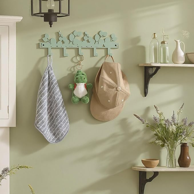 Eucalyptus Over The Door Hooks Hanger Wall Mount Towel Hanger Door Holder Organizer 5 Hooks Kawaii Farmhouse Rustic Coquettish Style Decor for Bedroom Bathroom Towel Hat Clothes