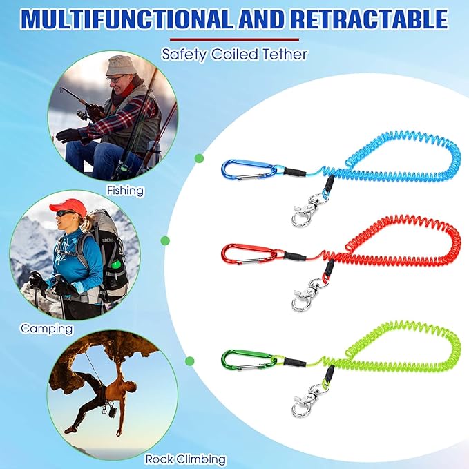 Woanger 6 Pack Fishing Lanyard Steel Wire Coiled Lanyard Tool Lanyards for Hand Tools Kayak Retractable Tool Leash Fishing Rod Safety Lanyards Gear with Alloy Clips for Pliers Boating