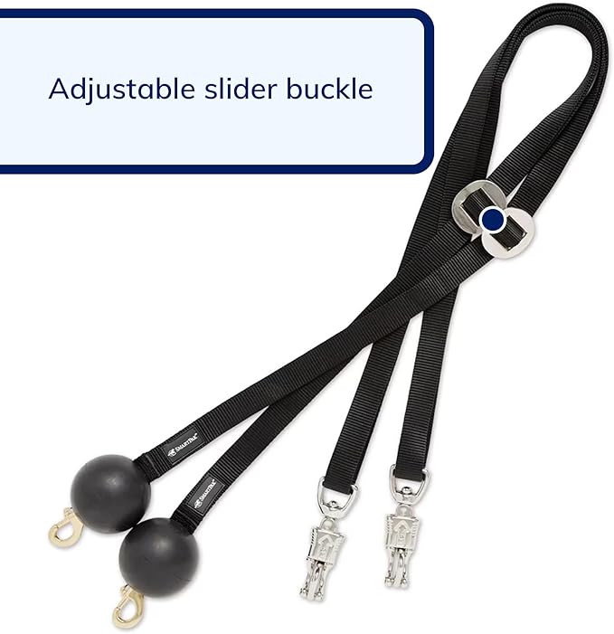 Quiet Drop Horse Cross Ties in Black Nylon Webbing | 3 Inch Diameter Rubber Ball | Adjustable Slider Buckle | Panic Snap | Sold in Pairs (2)
