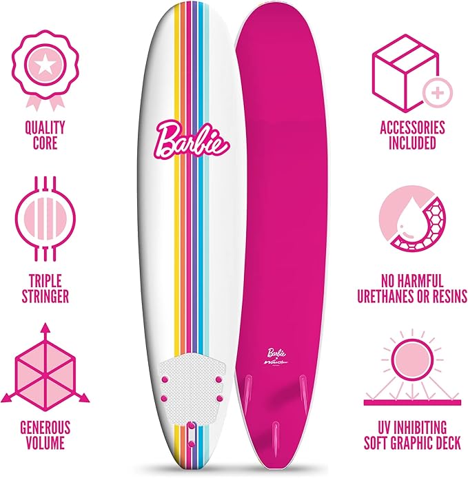 Barbie™ Signature 8ft Surfboard by Wavestorm | Graphic top Deck with high Density Slick Bottom | for Kids and Adults |Foam Construction with Accessories | Leg Leash and Fin Set Included,White