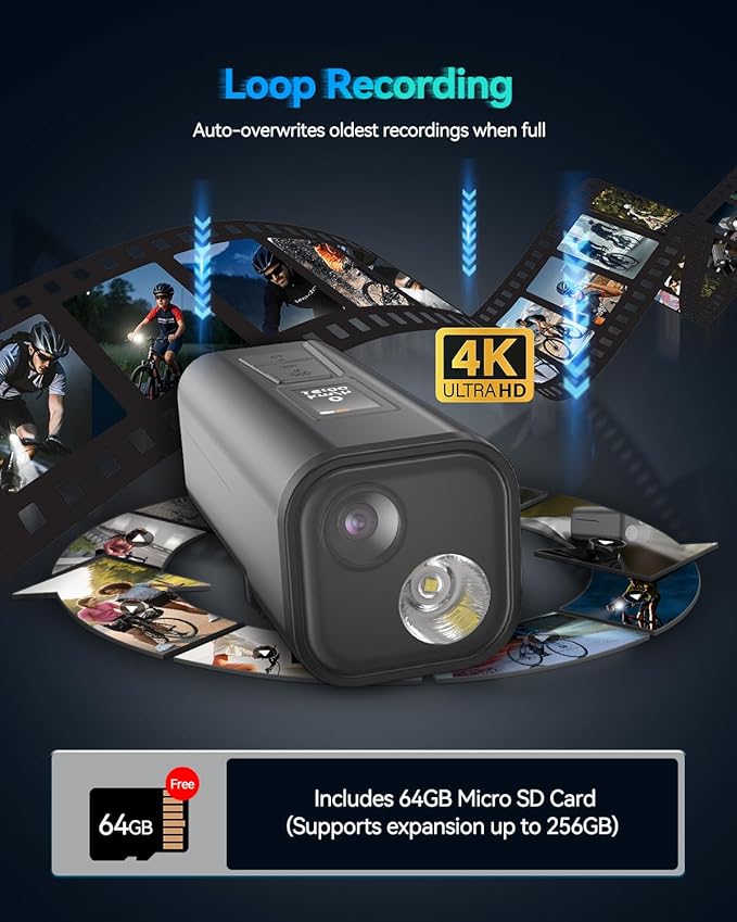 4K Bike Camera with GPS Tracking, Cycling Computer & Headlight – Spedal S1 30FPS Action Cam with 6-Axis EIS, 132° Wide Angle, Speed/Route Recording, Night Vision, IP65 Waterproof, 64GB SD Card