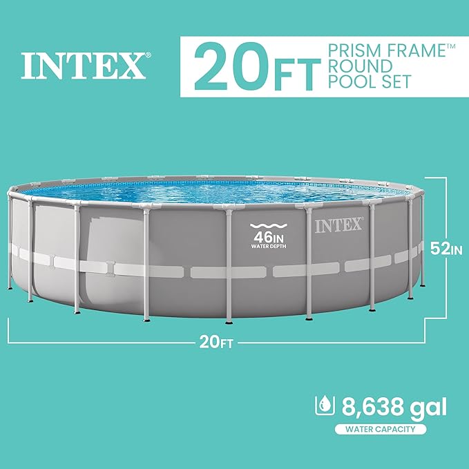 INTEX 26755EH Prism Frame Premium Above Ground Swimming Pool Set: 20ft x 52in – Includes 1500 GPH Cartridge Filter Pump – Removable Ladder – Pool Cover – Ground Cloth